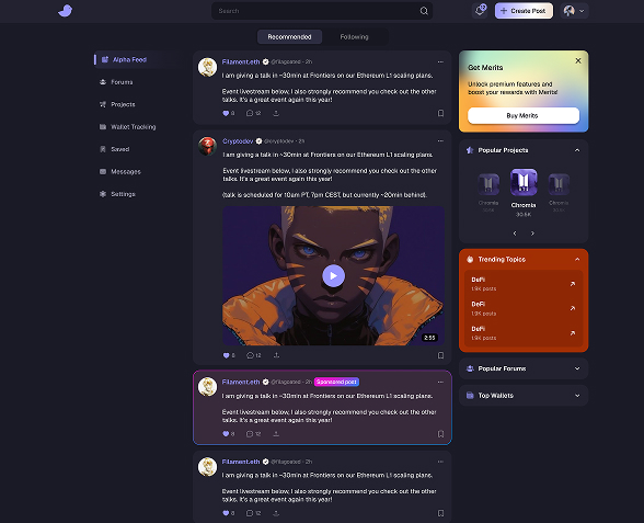 Myna social media interface in a dark purple theme